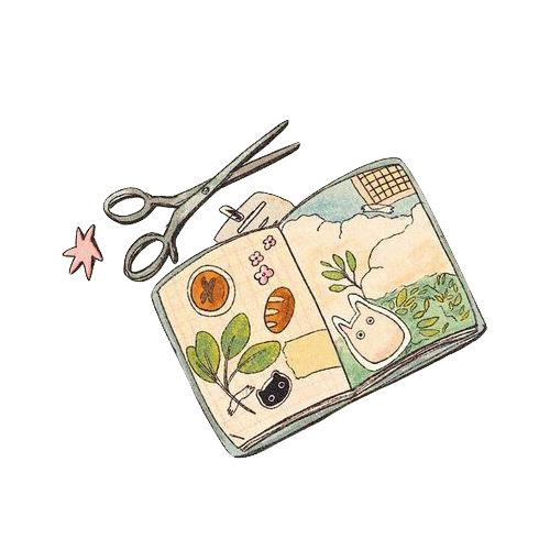 An illustrated artist's scrapbook and scissors